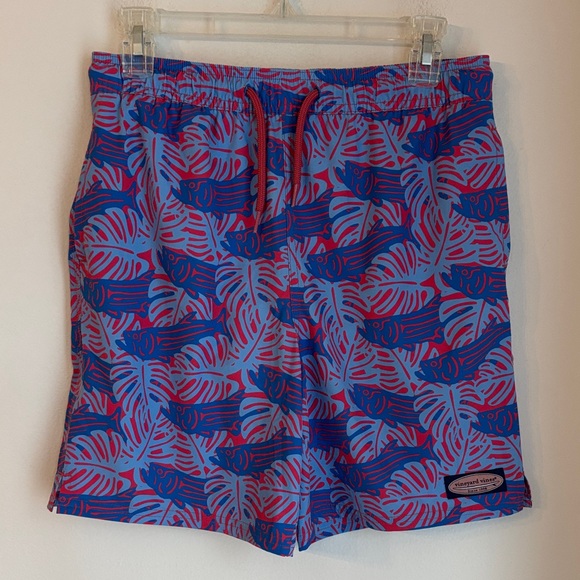 Vineyard Vines Tropical Leaf Fish red blue boy Swim Trunks board shorts large/16 - Picture 1 of 11